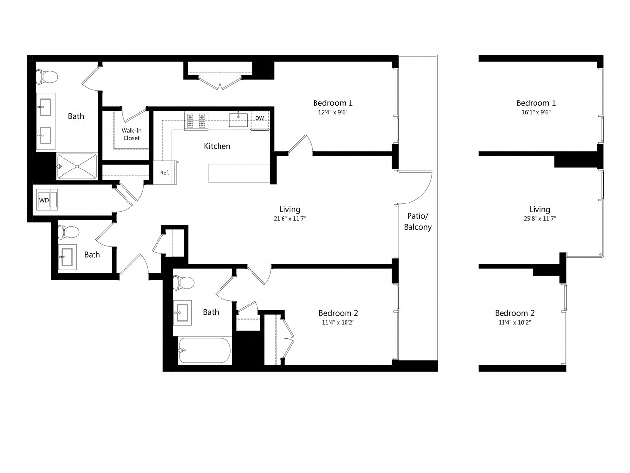 Floor plan for 2 beds, 2.5 baths, 1159 sqft